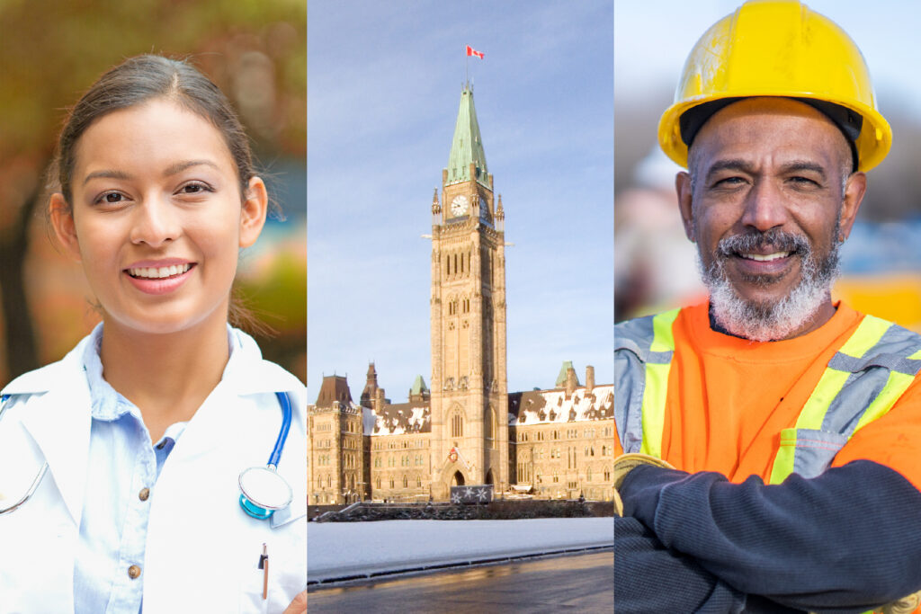 A portrait of a female doctor, a Canadian government building, and an engineer wearing a hard hat.