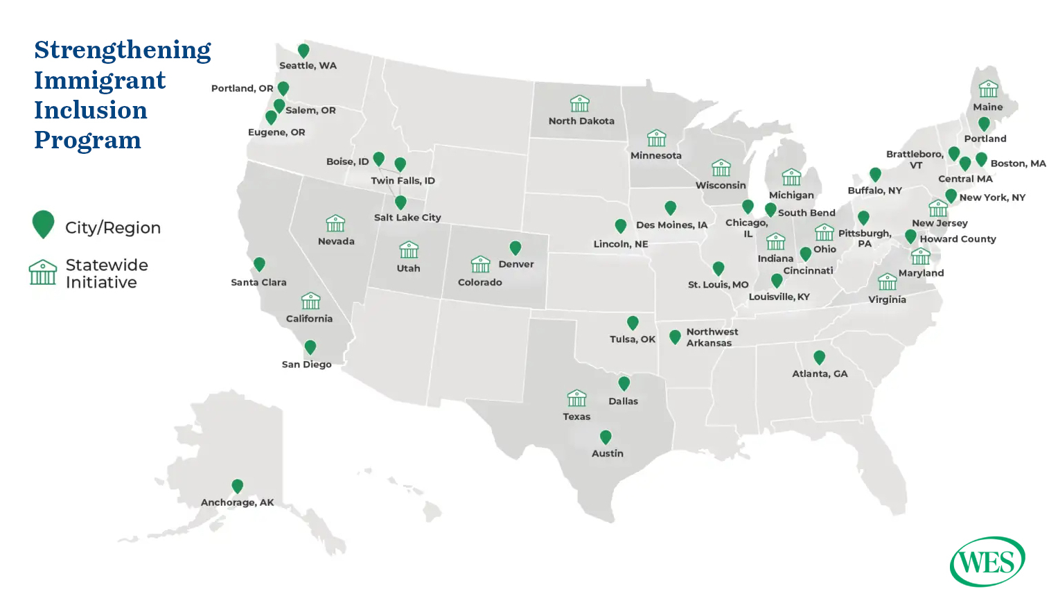Carte des communautés participant au programme de renforcement de l’inclusion des immigrants aux États-Unis.